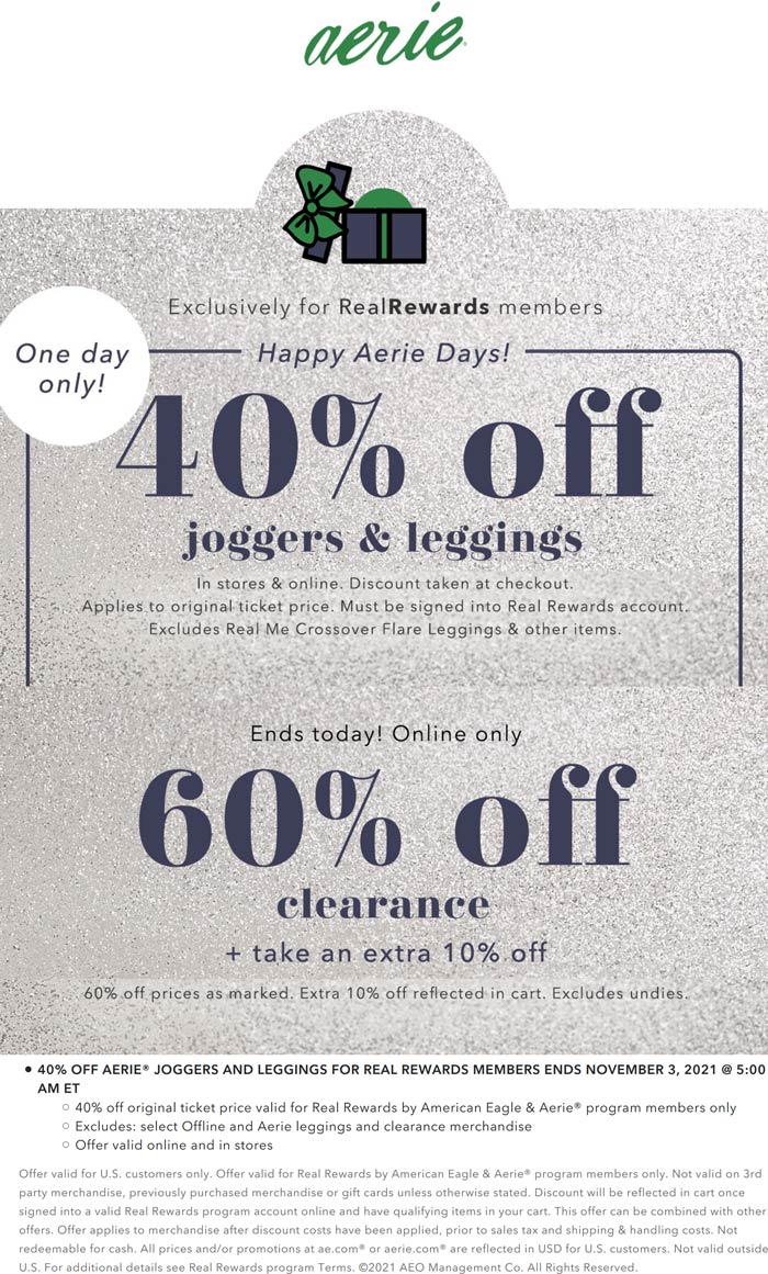 Aerie stores Coupon  40% off joggers & leggings today at Aerie, ditto online #aerie 