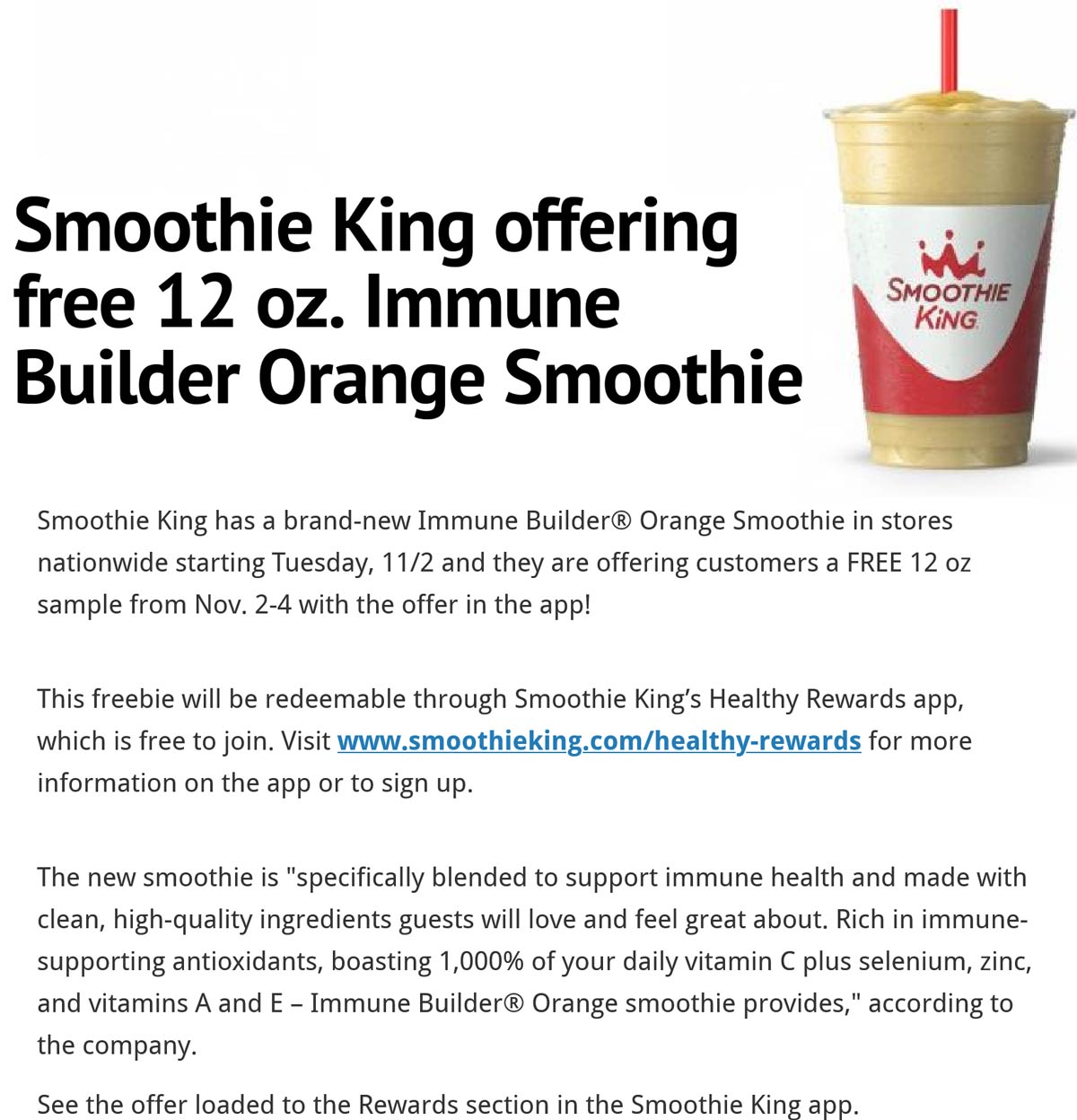 Smoothie King restaurants Coupon  Free 12oz orange drink via rewards at Smoothie King #smoothieking 