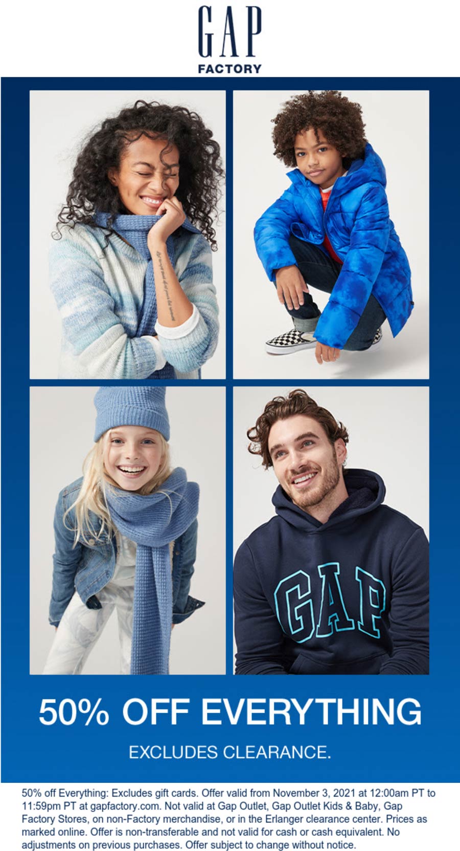 Gap Factory stores Coupon  50% off everything online today at Gap Factory #gapfactory 