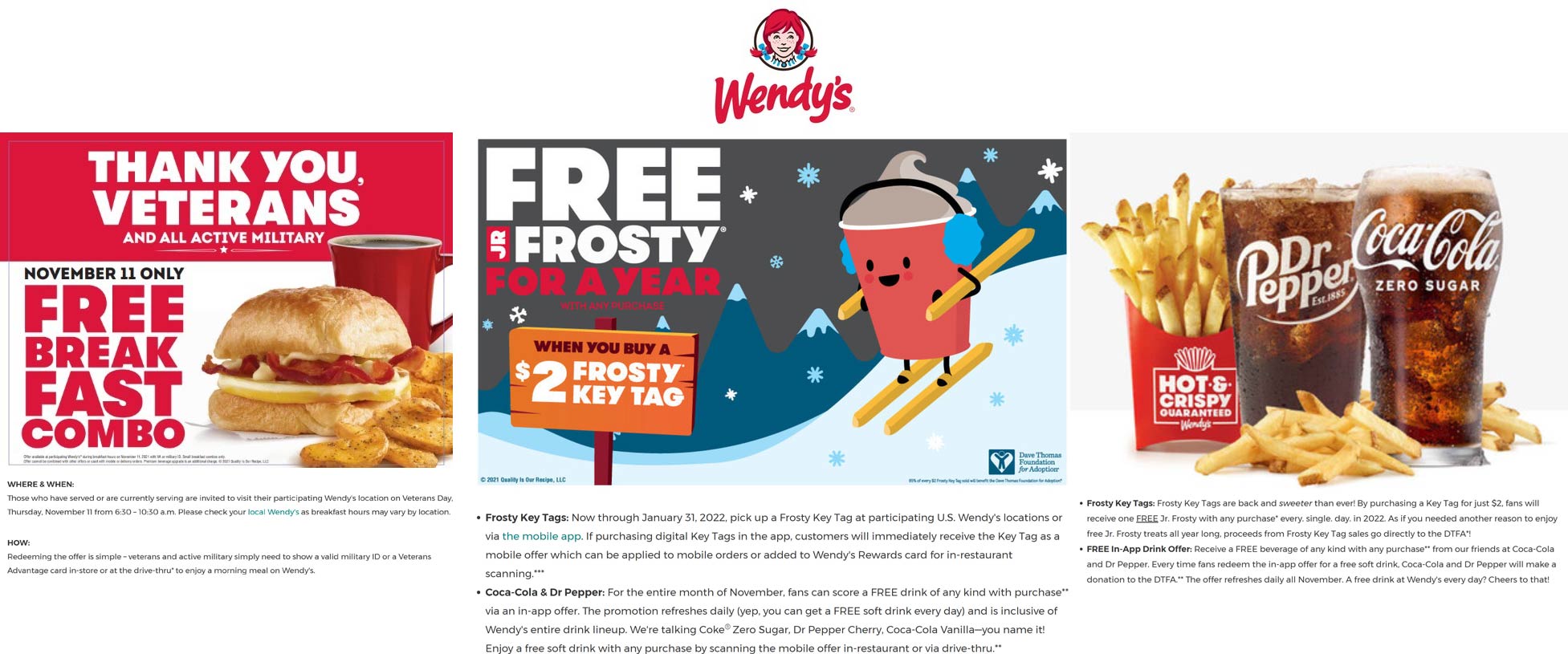 Wendys restaurants Coupon  Free drink all month, veterans breakfast free the 11th & $2 for unlimited frostys in 2022 at Wendys #wendys 