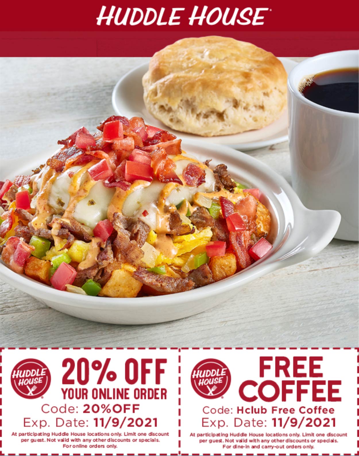 Huddle House restaurants Coupon  20% off & free coffee at Huddle House restaurants via promo code 20%OFF #huddlehouse 