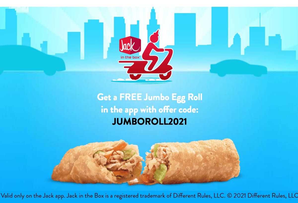 Jack in the Box stores Coupon  Free jumbo egg roll at Jack in the Box via promo code JUMBOROLL2021 #jackinthebox 