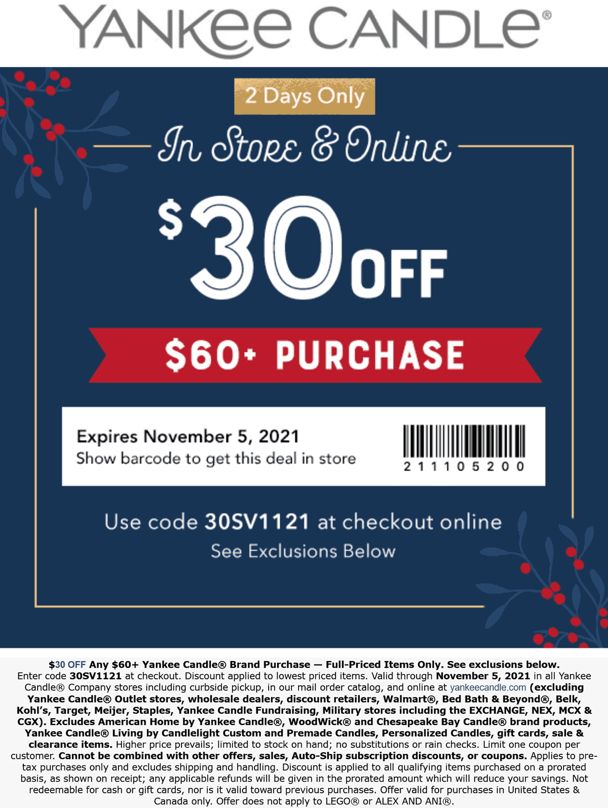 Yankee Candle stores Coupon  $30 off $60 at Yankee Candle, or online via promo code 30SV1121 #yankeecandle 