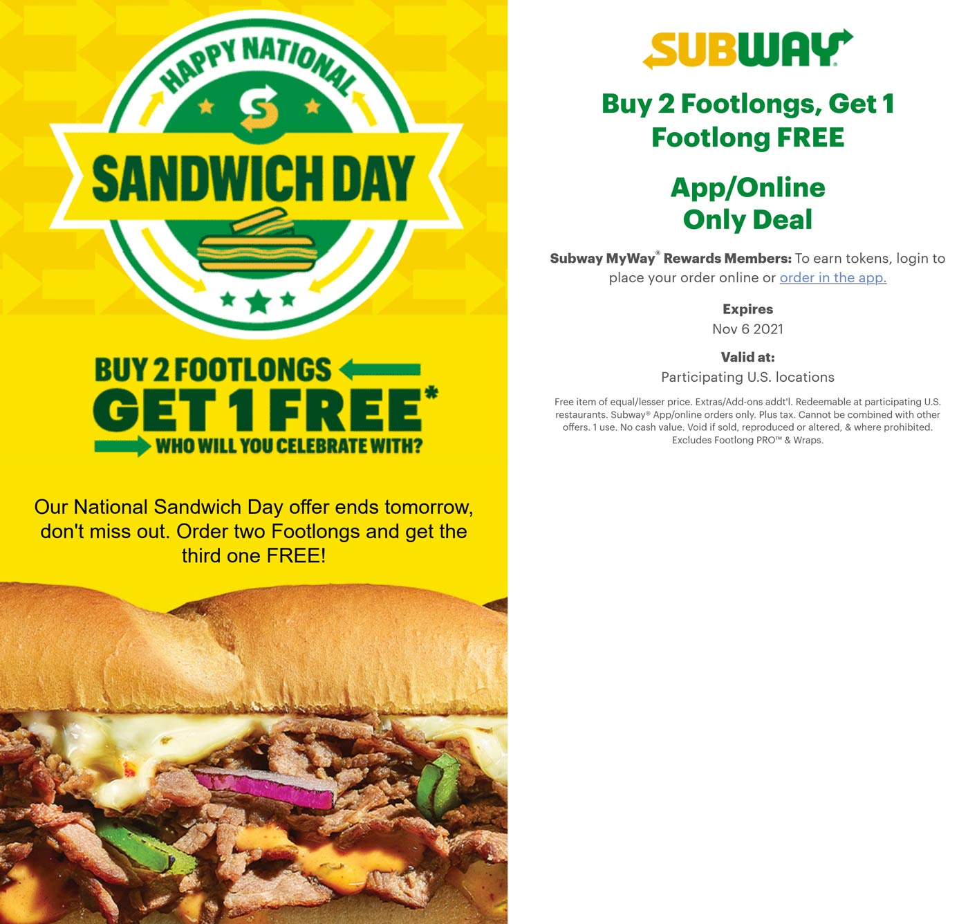 Subway restaurants Coupon  3rd footlong sub sandwich free online at Subway #subway 