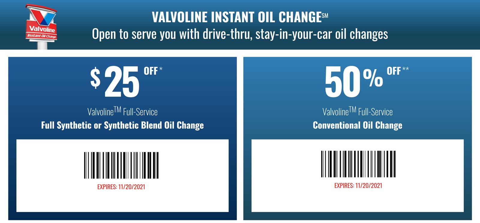 50 off an oil change at Valvoline valvoline The Coupons App®