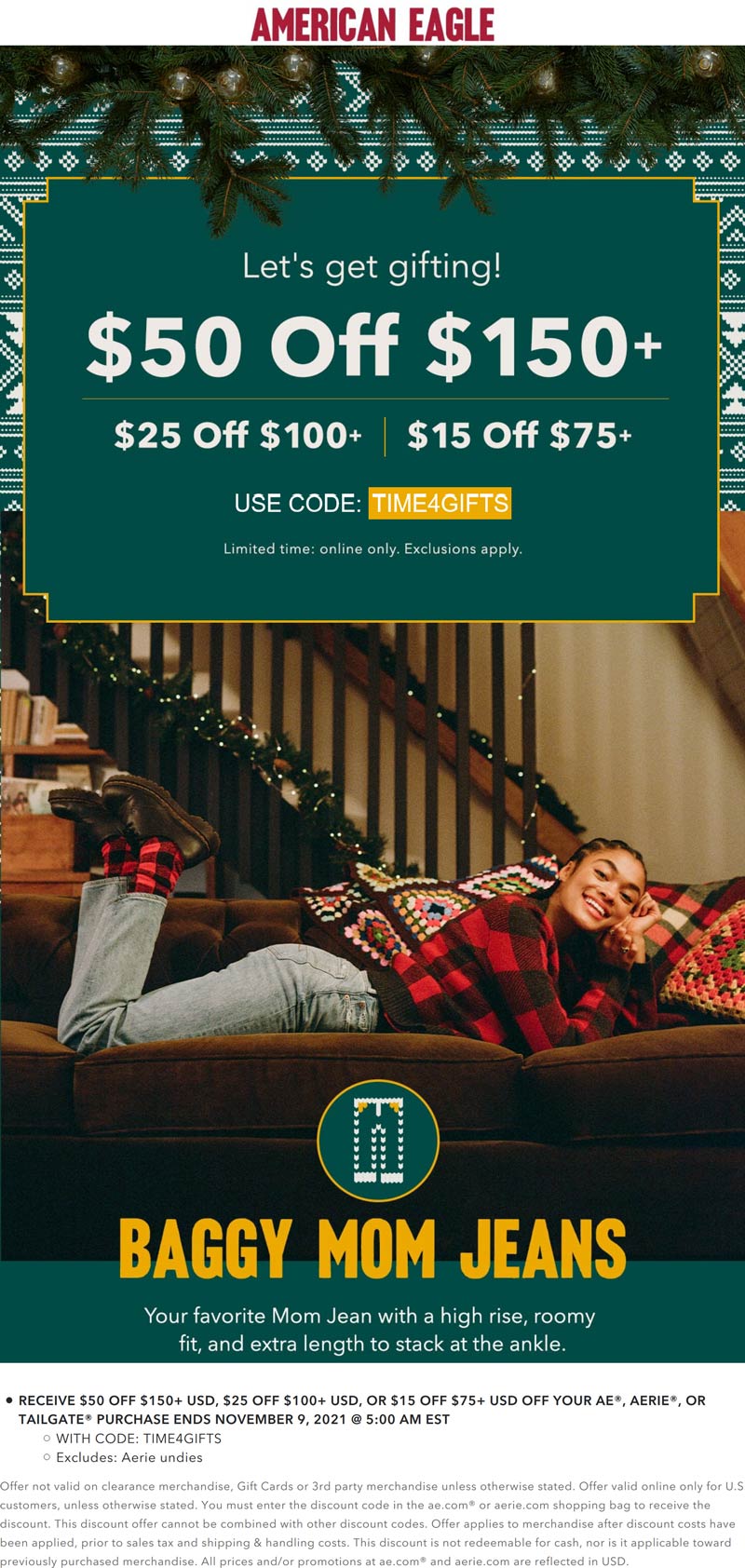 American Eagle stores Coupon  $15-$50 off $75+ online at American Eagle via promo code TIME4GIFTS #americaneagle 