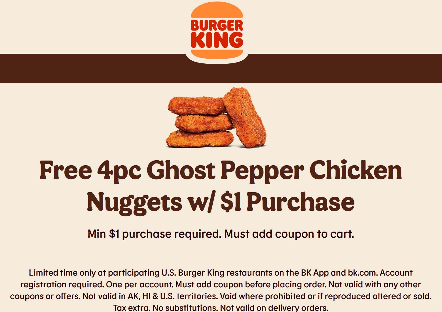 Burger King restaurants Coupon  Free ghost pepper chicken nuggets with $1+ online order at Burger King #burgerking 
