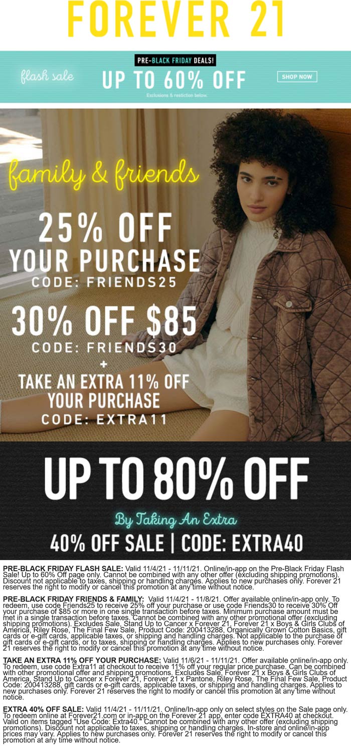 Forever 21 stores Coupon  25-41% off & more at Forever 21 via promo code EXTRA11 #forever21 