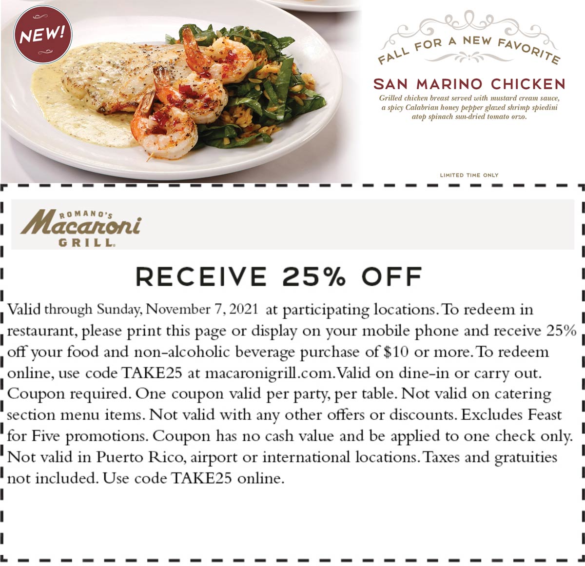 Macaroni Grill restaurants Coupon  25% off at Macaroni Grill restaurants via promo code TAKE25 #macaronigrill 