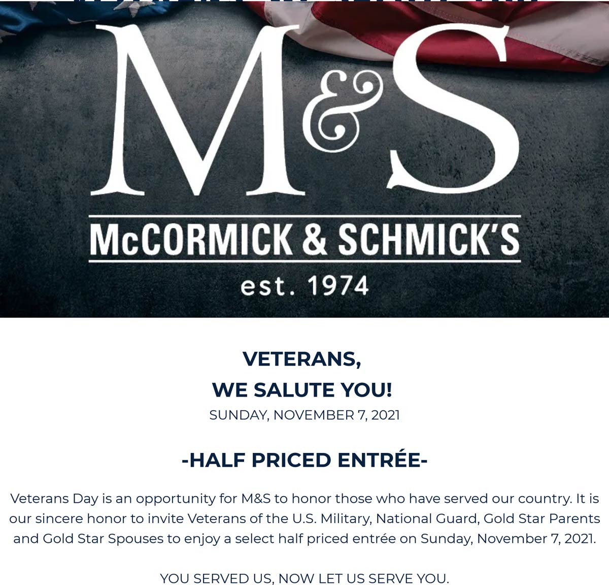 McCormick & Schmicks restaurants Coupon  Veterans enjoy 50% off an entree today at McCormick & Schmicks restaurants #mccormickschmicks 