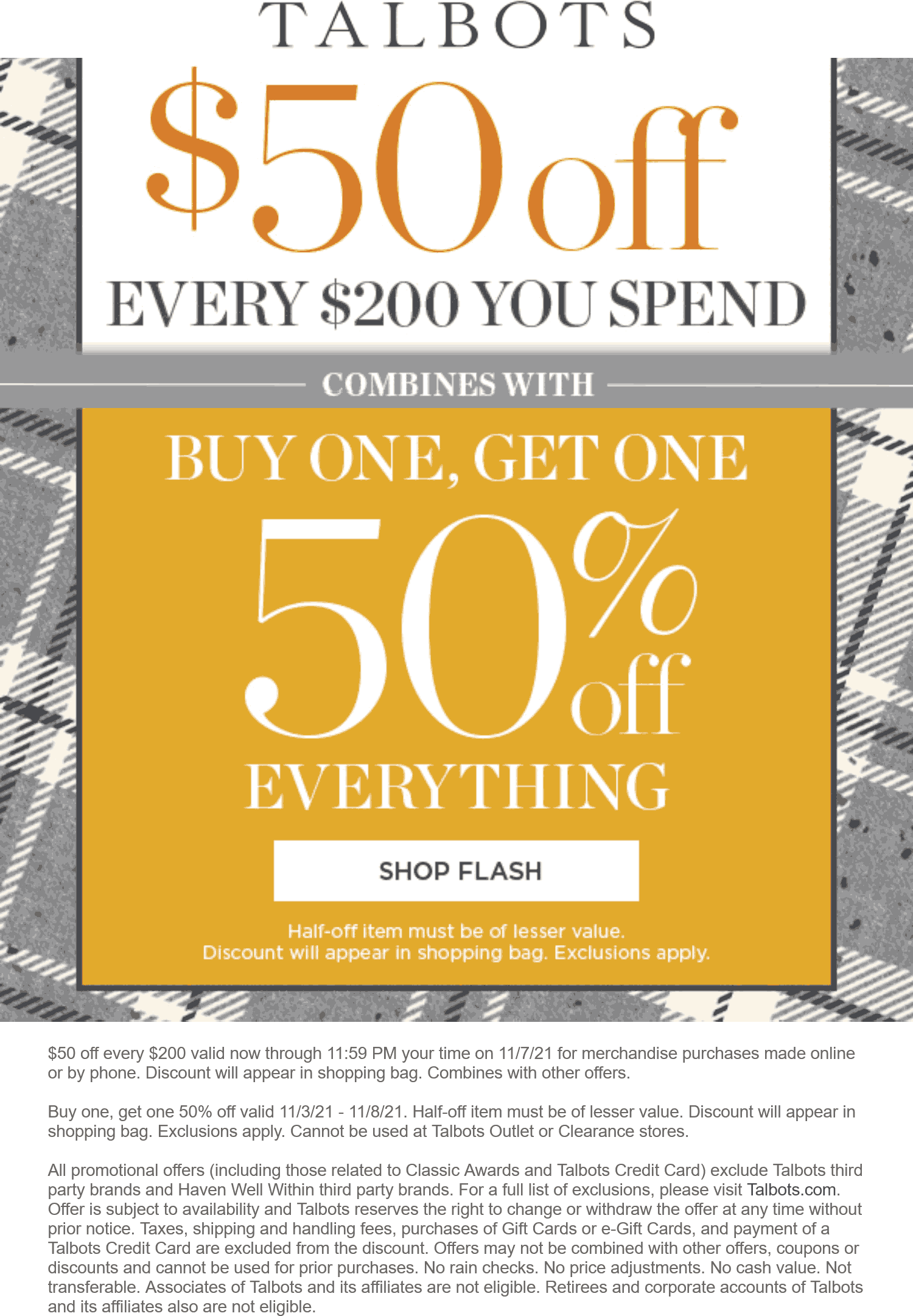 Talbots stores Coupon  $50 off every $200 + second item 50% off today online at Talbots #talbots 