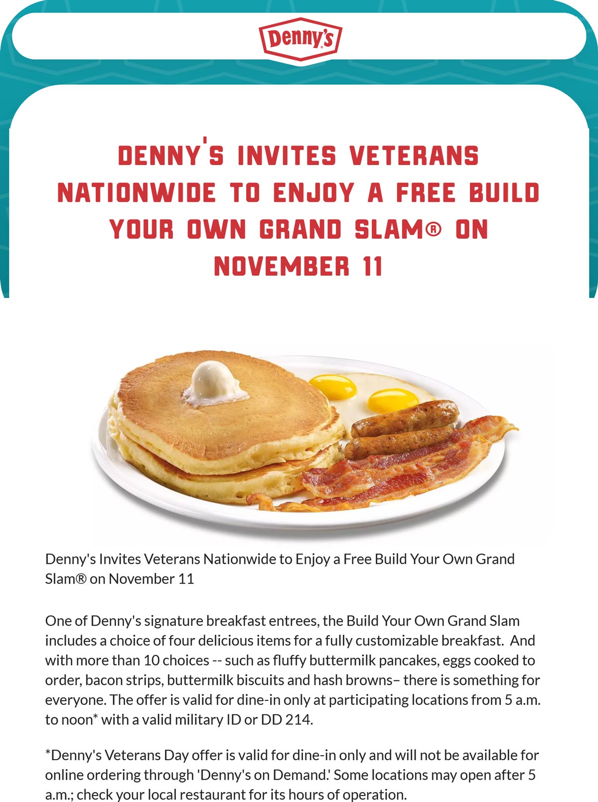 Dennys restaurants Coupon  Veterans enjoy a free grand slam breakfast Thurs at Dennys #dennys 