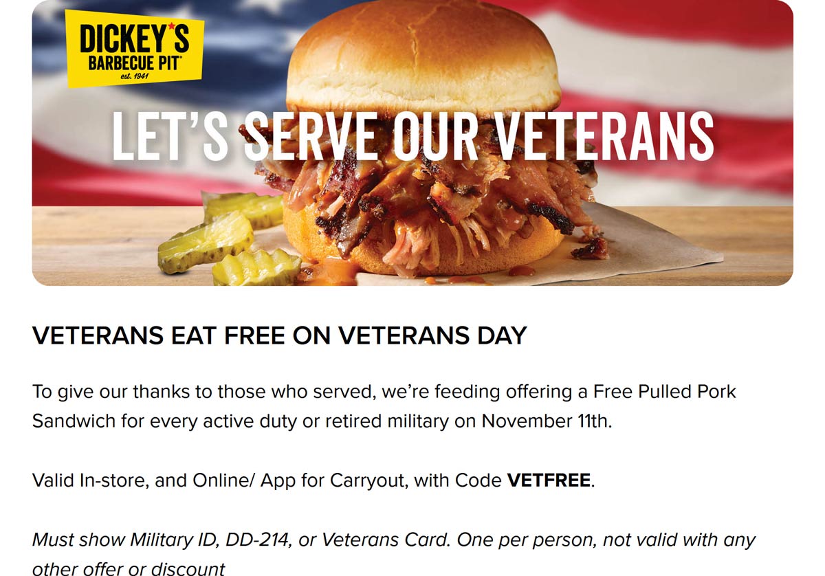 Dickeys Barbecue Pit restaurants Coupon  Veterans eat free Thurs at Dickeys Barbecue Pit via promo code VETFREE #dickeysbarbecuepit 