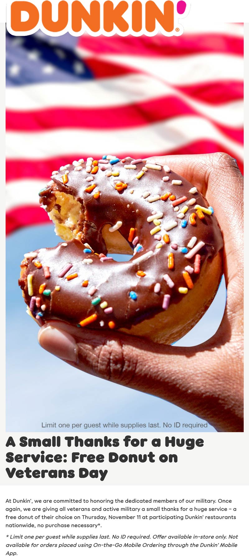 Dunkin restaurants Coupon  Veterans & active enjoy a free doughnut Thurs at Dunkin Donuts #dunkin 