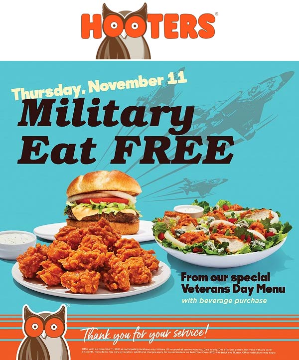 Hooters restaurants Coupon  Military eat free Thursday at Hooters restaurants #hooters 