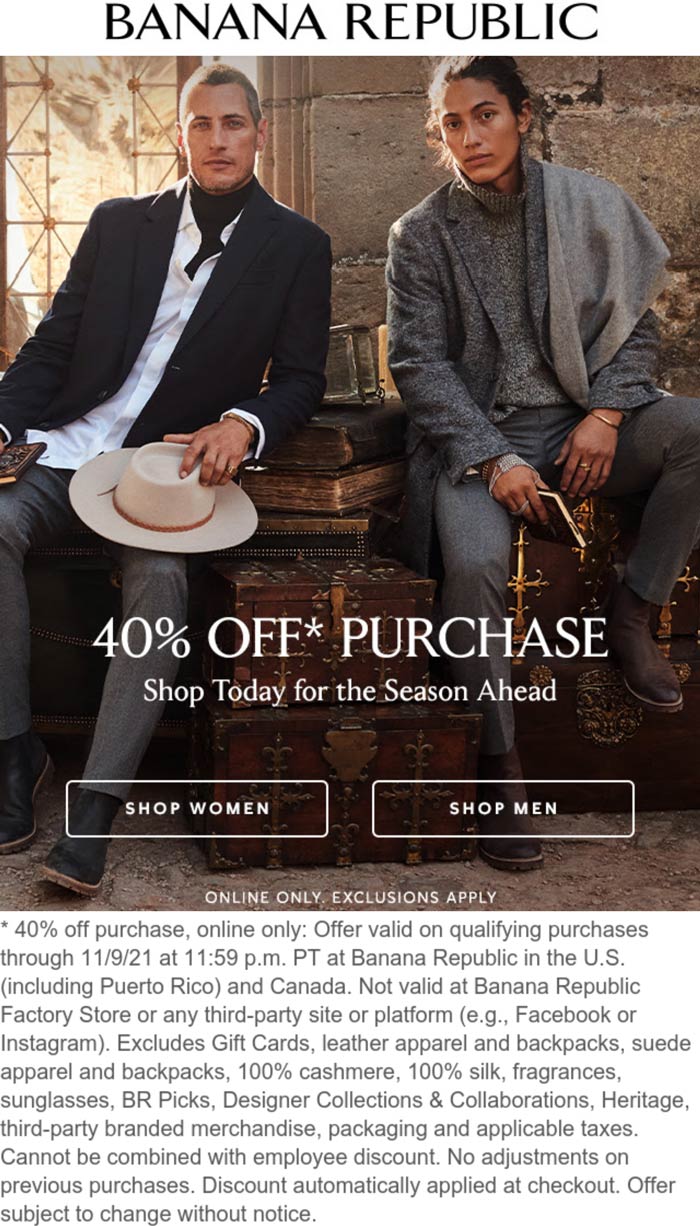 Banana Republic stores Coupon  40% off online today at Banana Republic #bananarepublic 
