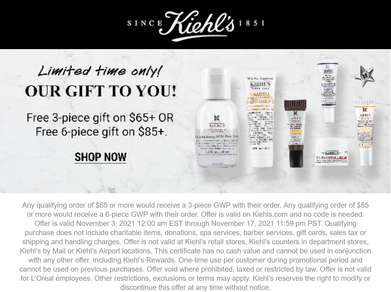 Kiehls stores Coupon  3 or 6pc set free on $65+ online at Kiehls #kiehls 