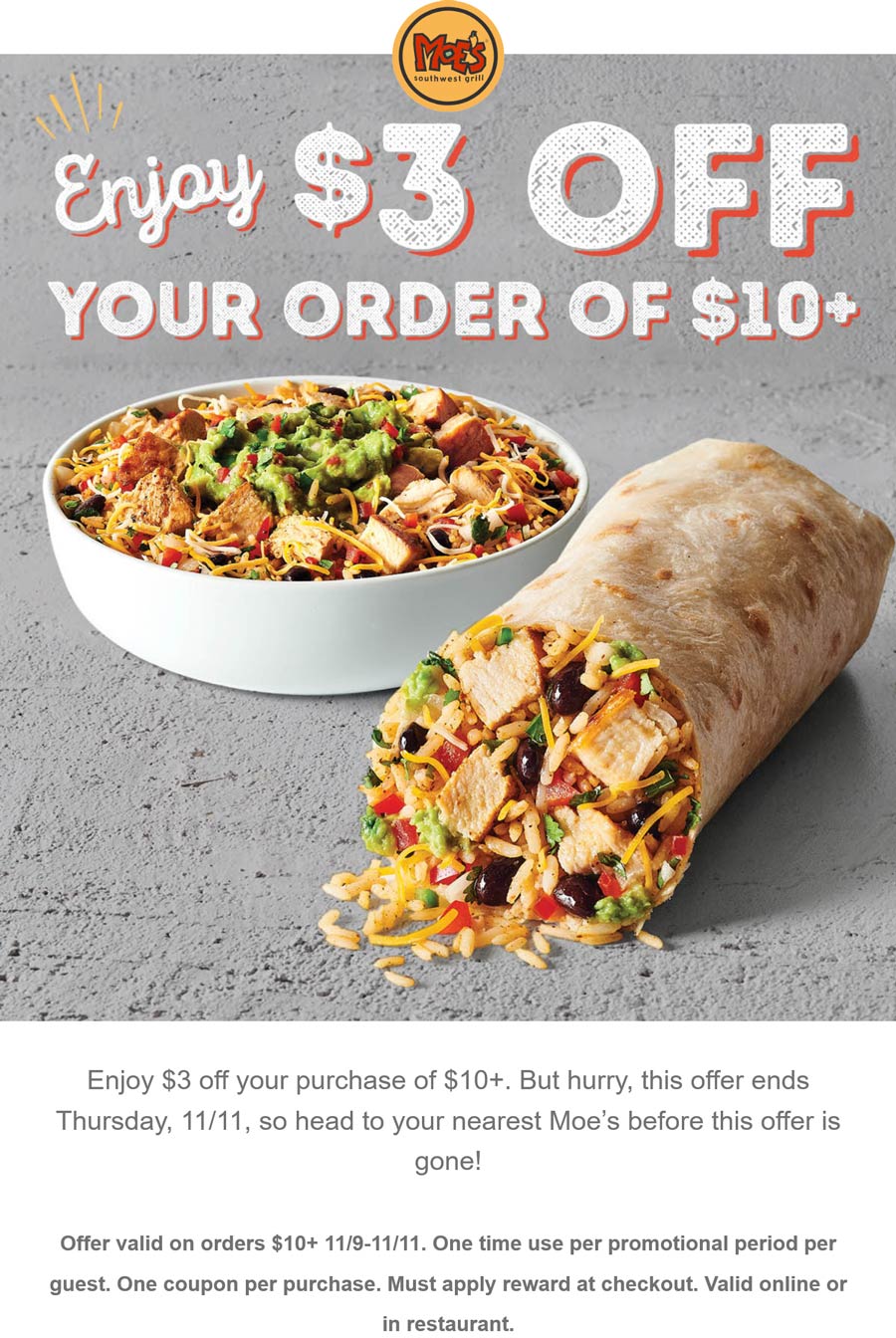 Moes restaurants Coupon  $3 off $10 at Moes Southwest Grill restaurants #moes 