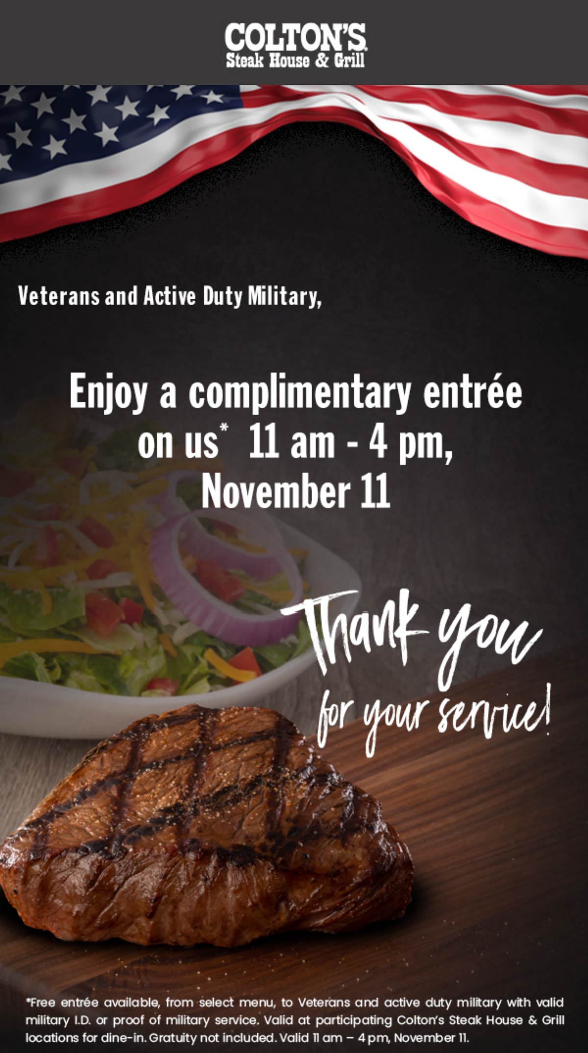 Coltons restaurants Coupon  Veterans & active enjoy a free entree Thursday at Coltons Steak House & Grill #coltons 