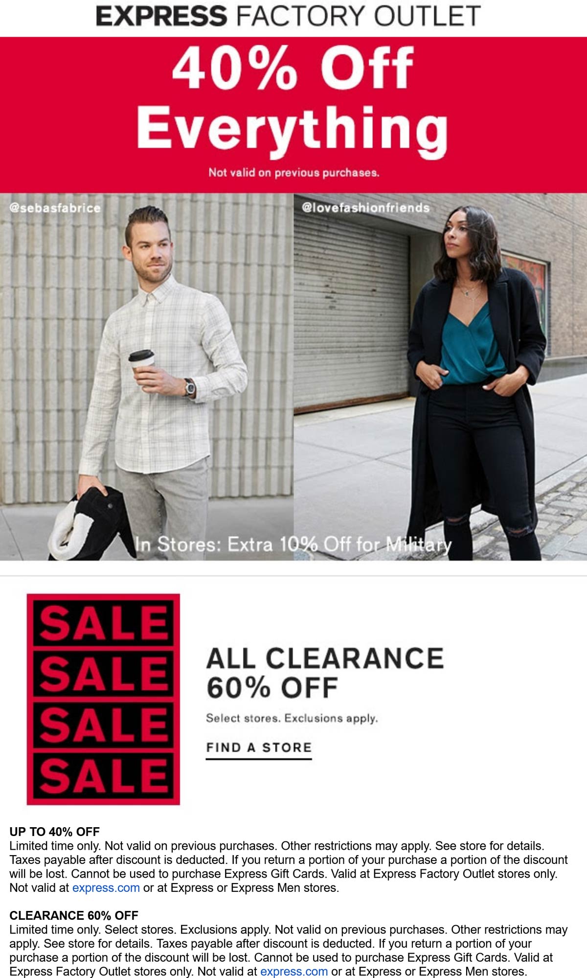 Express Factory Outlet stores Coupon  40% off everything & 60% off clearance at Express Factory Outlet #expressfactoryoutlet 