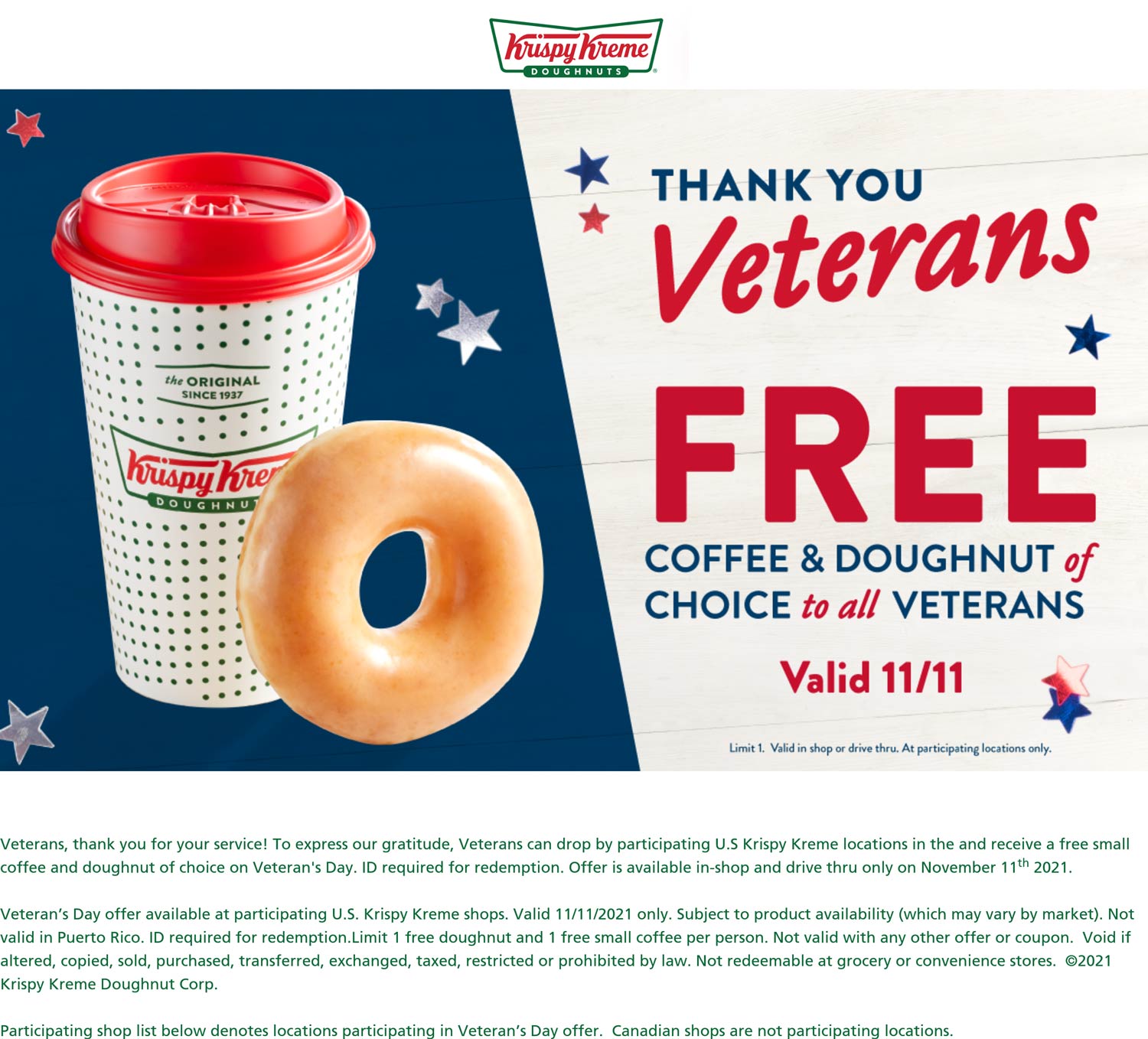 Krispy Kreme restaurants Coupon  Veterans enjoy a free coffee & doughnut Thursday at Krispy Kreme #krispykreme 
