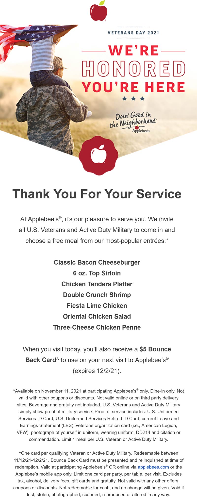 Applebees restaurants Coupon  Veterans & military enjoy a free meal today + $5 gift card at Applebees #applebees 