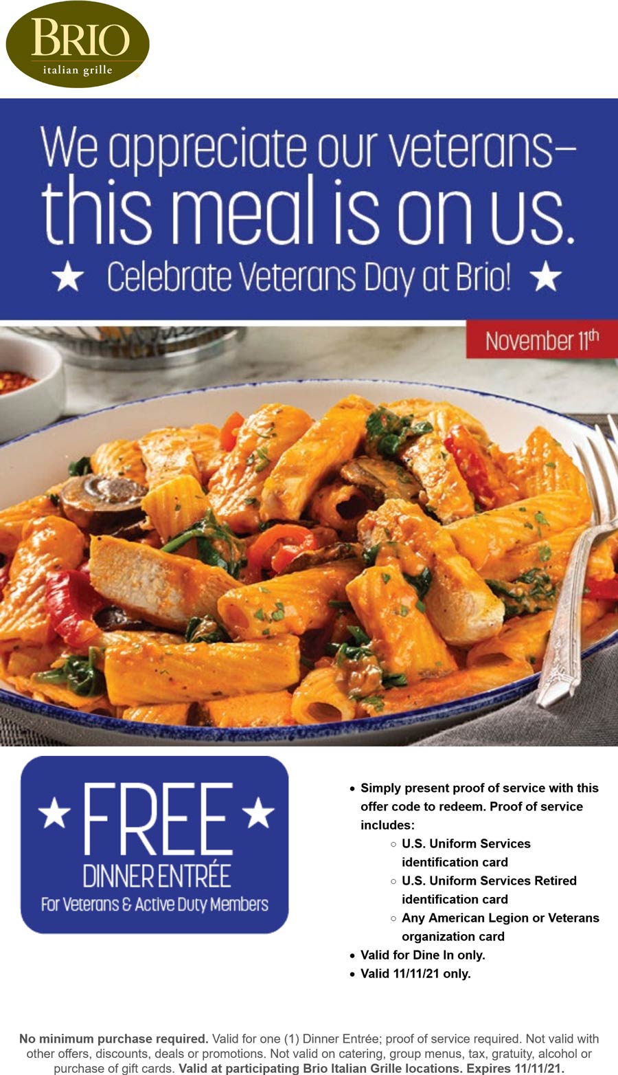 Brio restaurants Coupon  Free dinner entree for veterans & active today at Brio #brio 