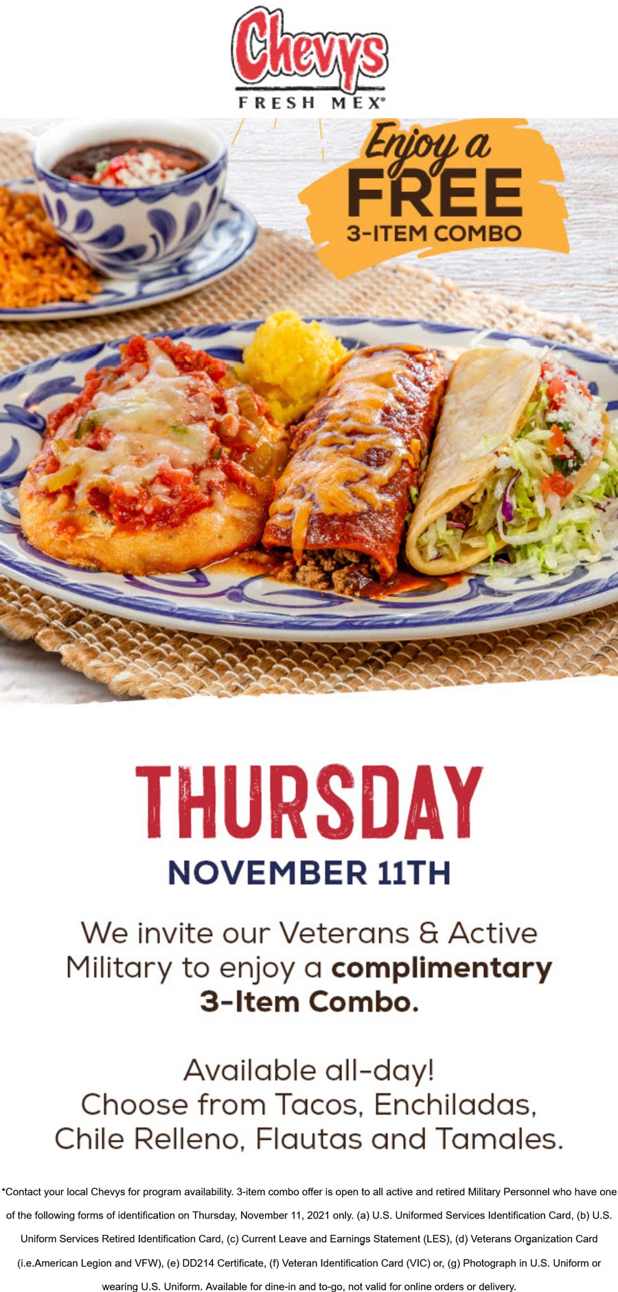 Chevys restaurants Coupon  Vets get a 3-item combo meal free today at Chevys Fresh Mex #chevys 