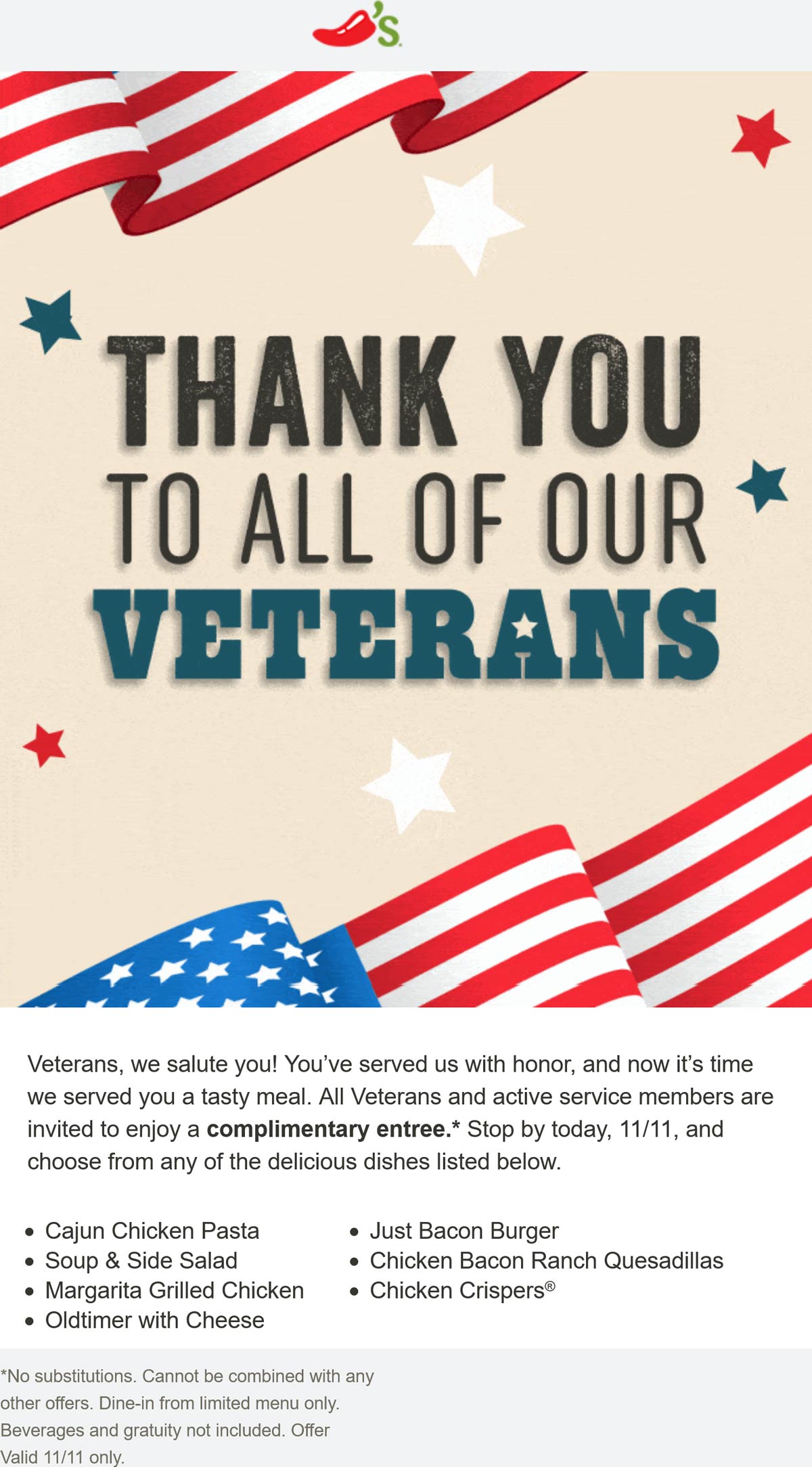 Chilis restaurants Coupon  Complimentary entree for veterans today at Chilis #chilis 