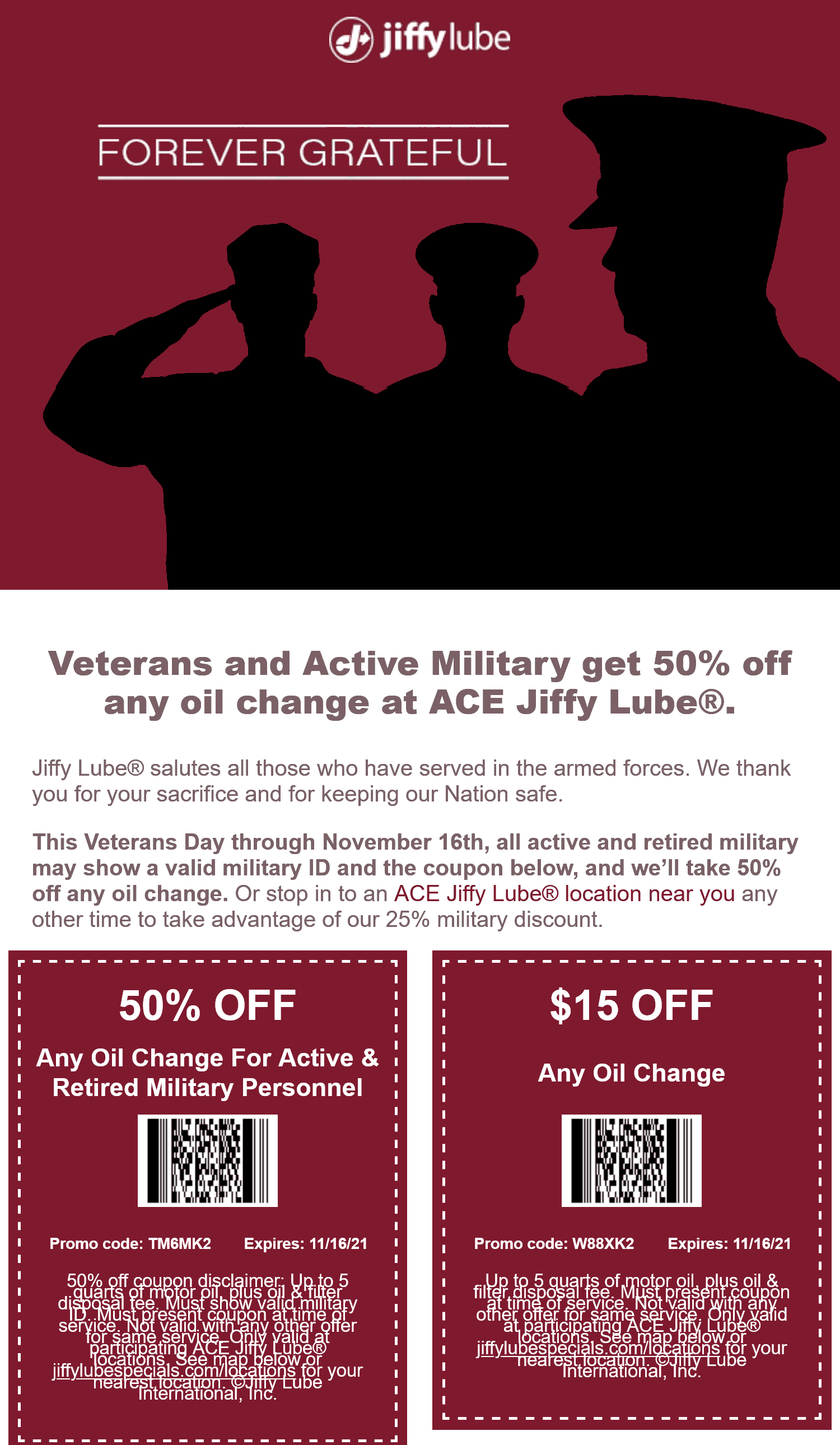 Jiffy Lube stores Coupon  Veterans & active score 50% off an oil change at Jiffy Lube #jiffylube 