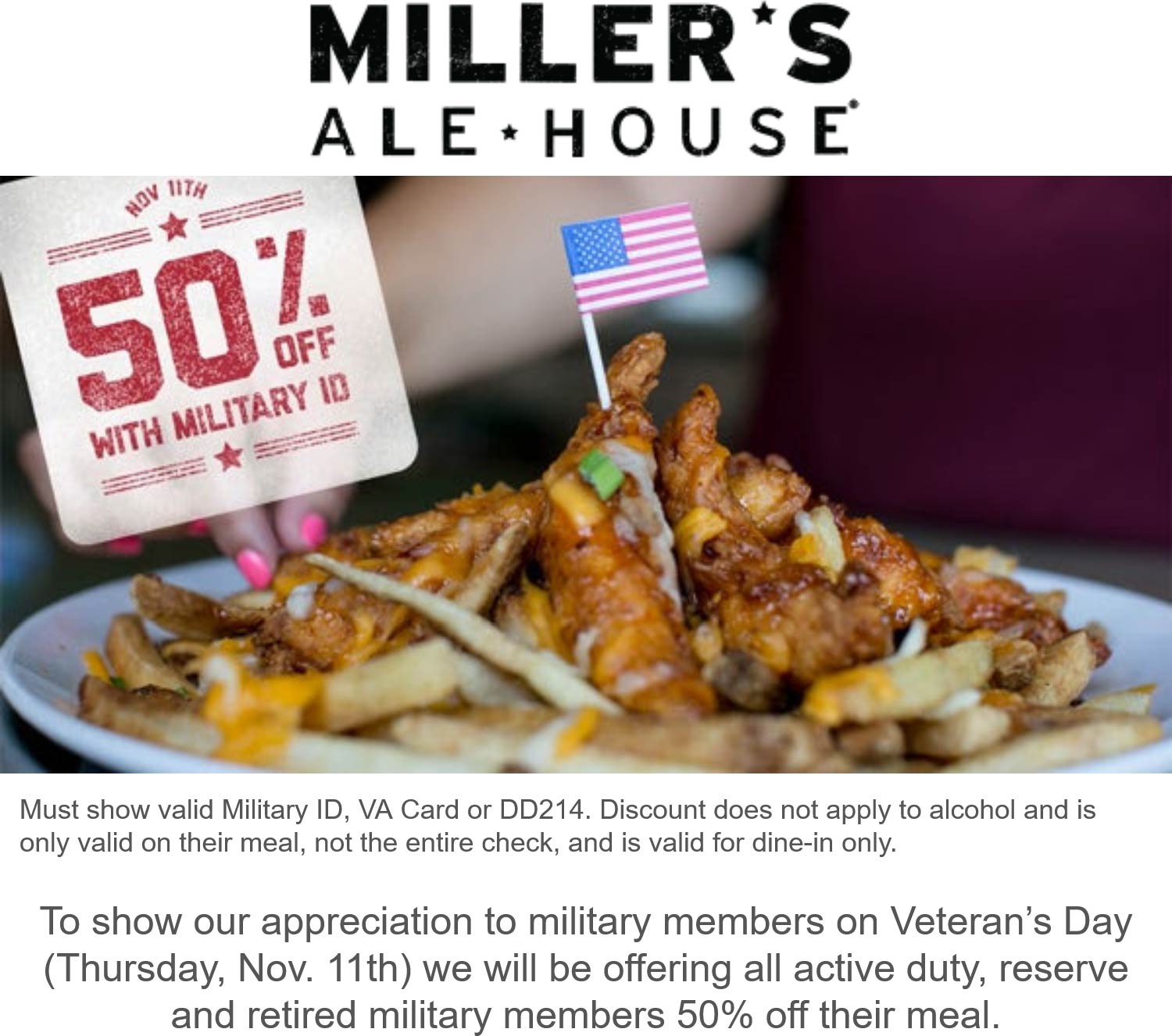 Millers Ale House restaurants Coupon  Military ID = 50% off your meal today at Millers Ale House #millersalehouse 