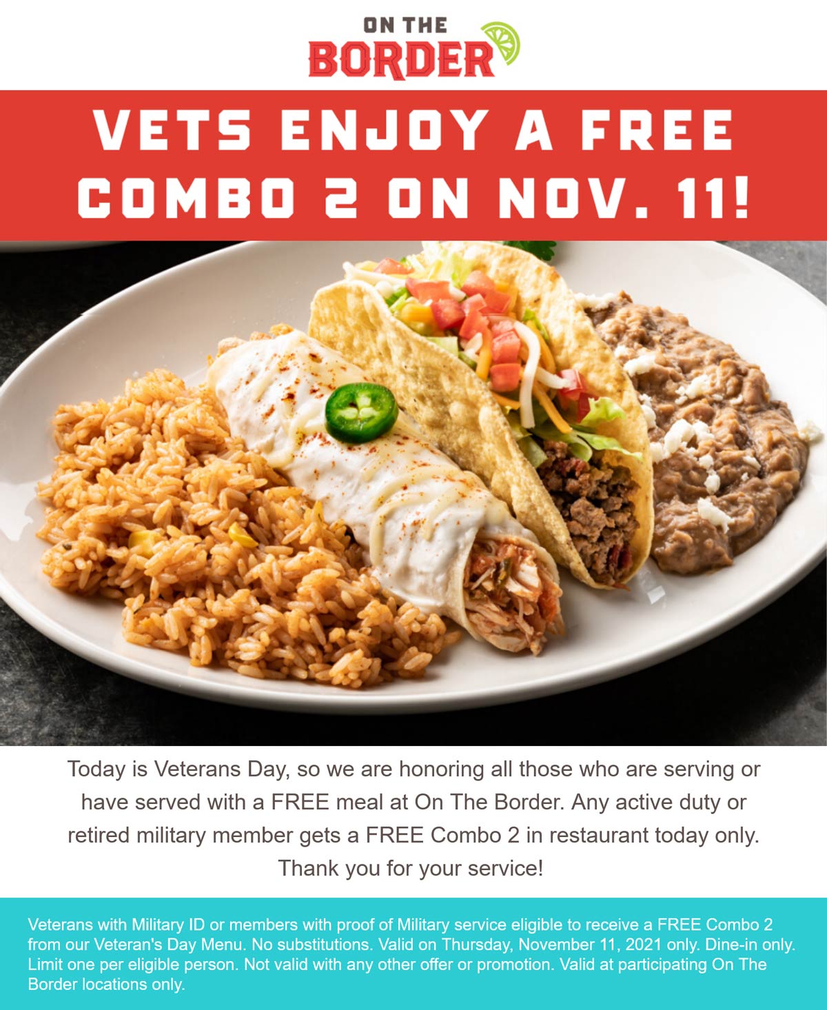 On The Border restaurants Coupon  Veterans are served a free meal today at On The Border #ontheborder 