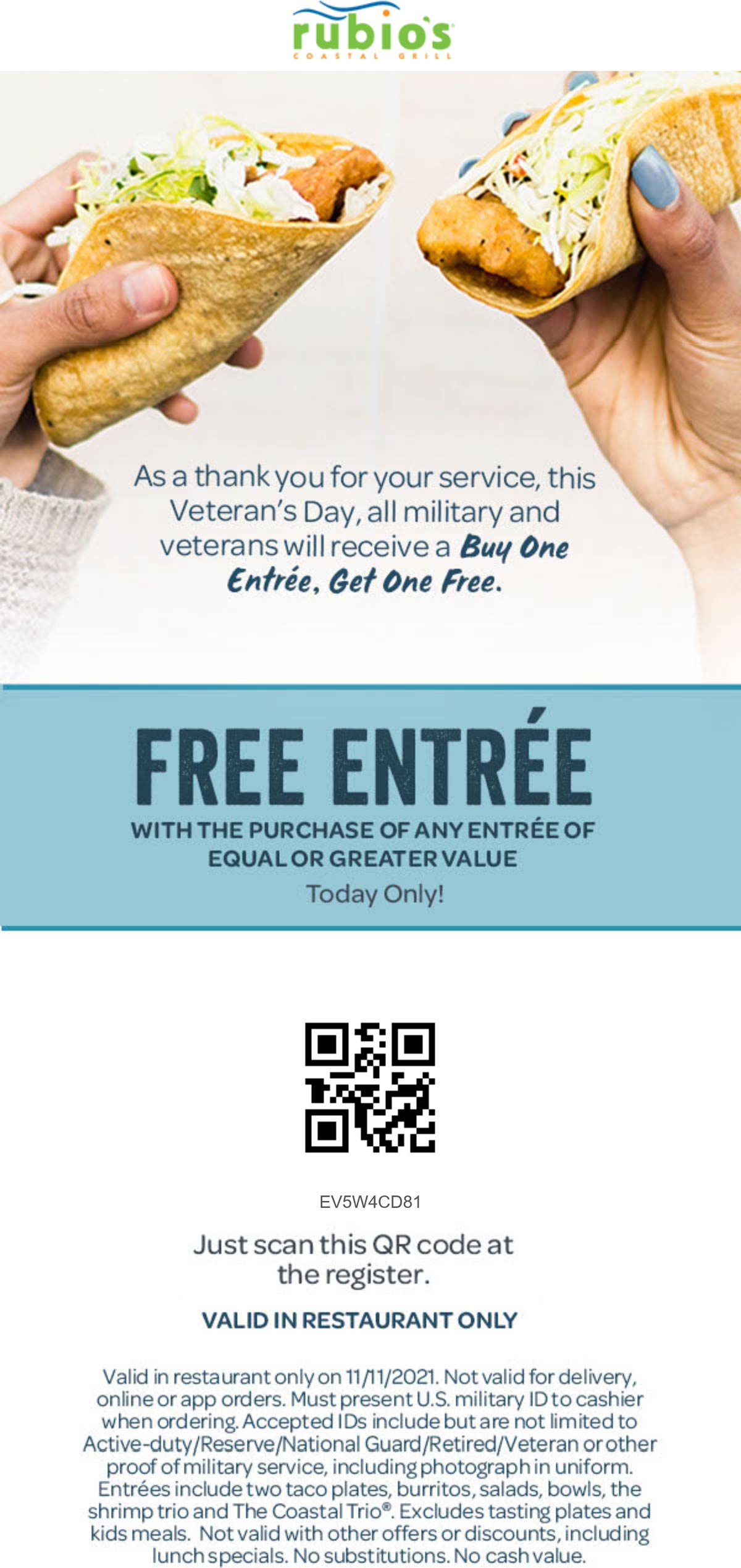 Rubios restaurants Coupon  Second entree free for military & veterans at Rubios Coastal Grill #rubios 