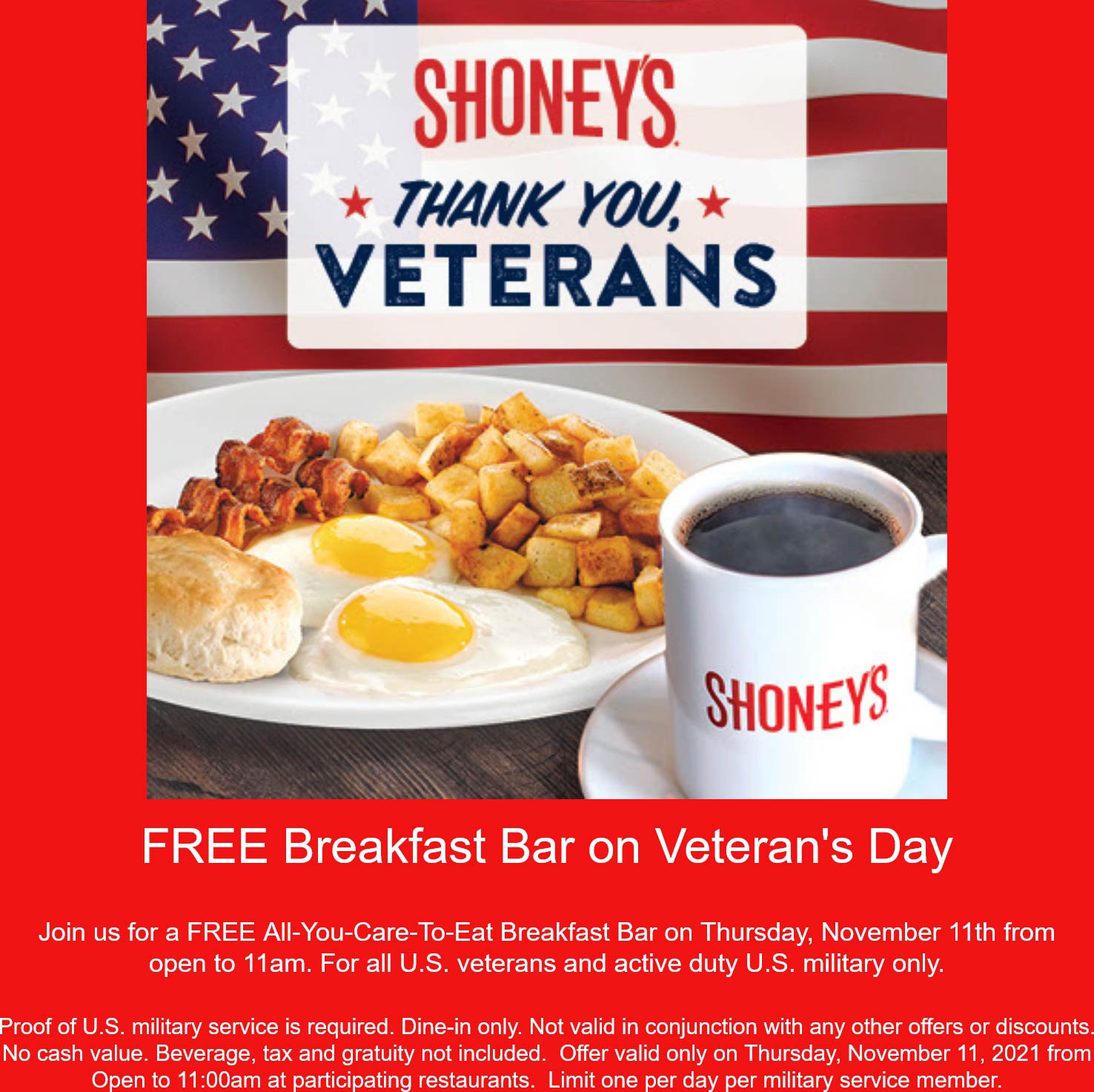 Shoneys restaurants Coupon  Veterans & military enjoy a free breakfast bar today at Shoneys #shoneys 