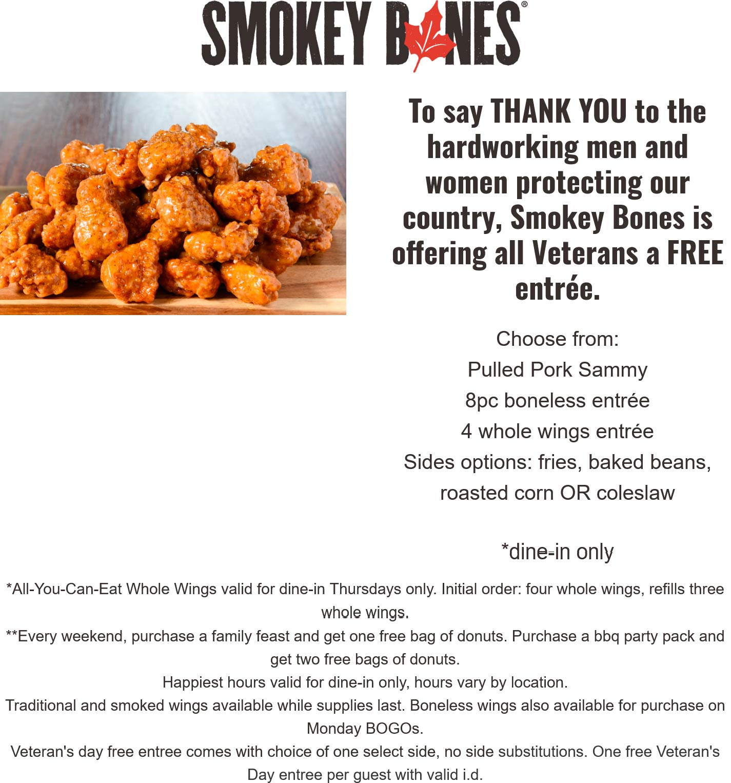 Smokey Bones restaurants Coupon  Veterans enjoy a free entree today at Smokey Bones #smokeybones 