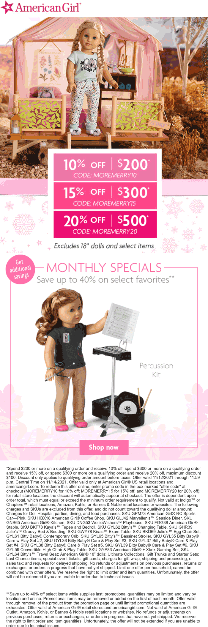 American Girl stores Coupon  10-20% off $200+ at American Girl dolls, or online via promo code MOREMERRY10 #americangirl 
