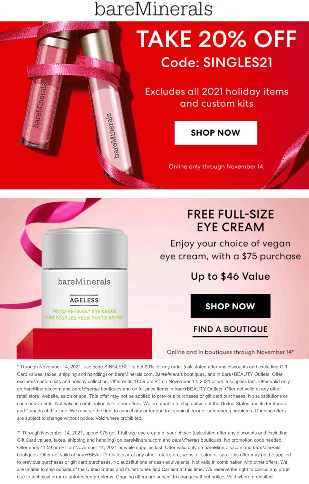 bareMinerals stores Coupon  20% off + free full size on $75 at bareMinerals, or online via promo code SINGLES21 #bareminerals 