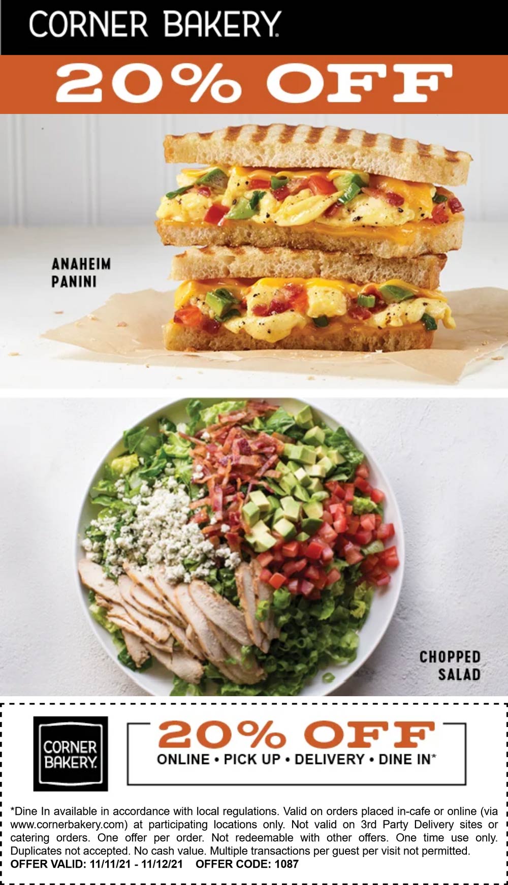 Corner Bakery restaurants Coupon  20% off today at Corner Bakery restaurants #cornerbakery 