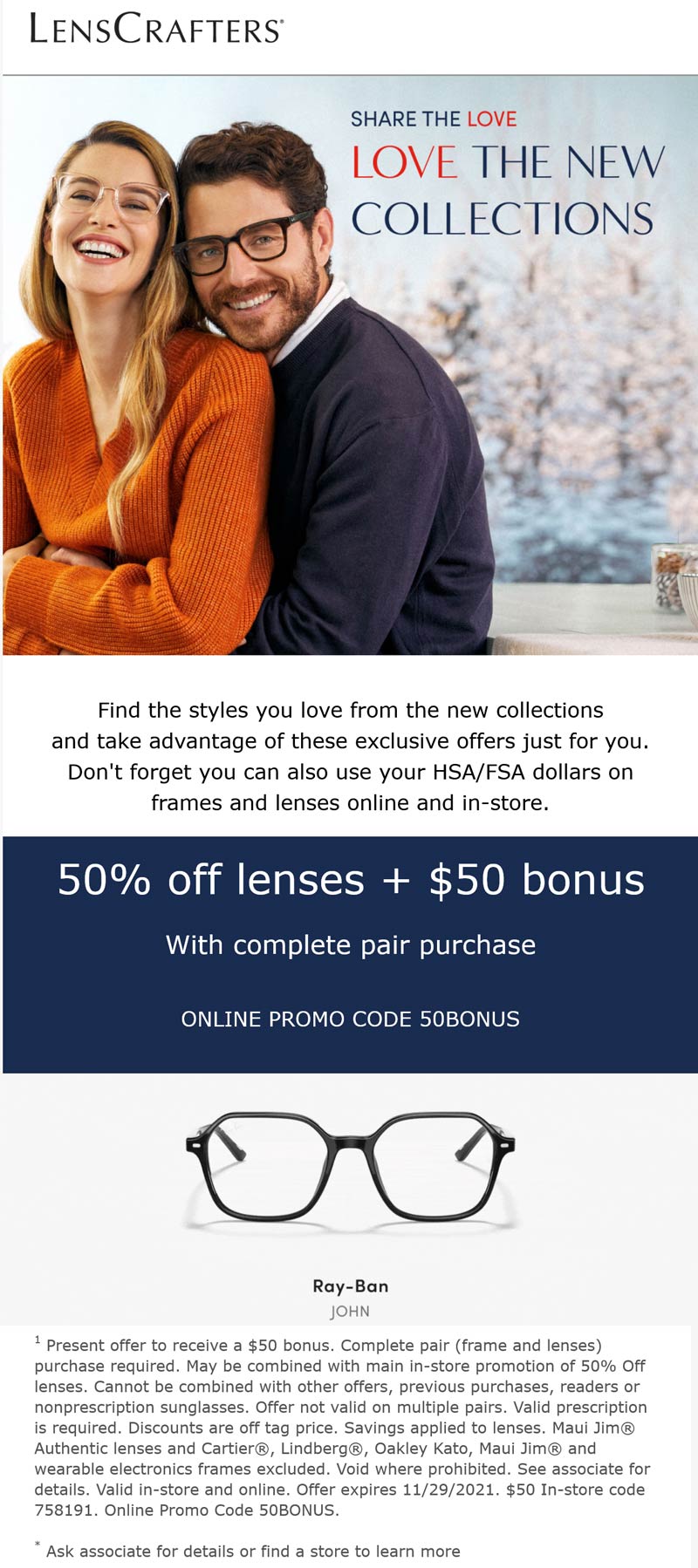 LensCrafters stores Coupon  50% off lenses + $50 bonus at LensCrafters, or online via promo code 50BONUS #lenscrafters 