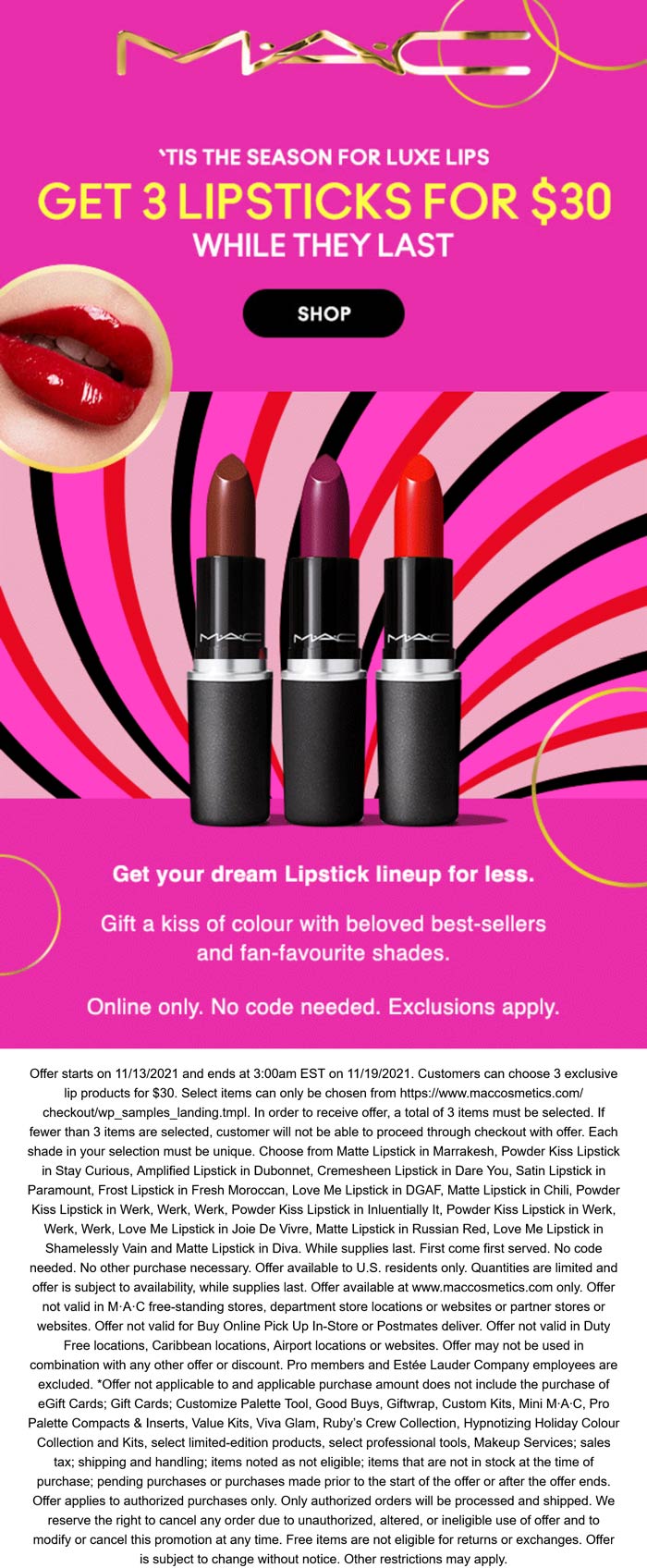 MAC stores Coupon  3 lipsticks for $30 online at MAC cosmetics #mac 