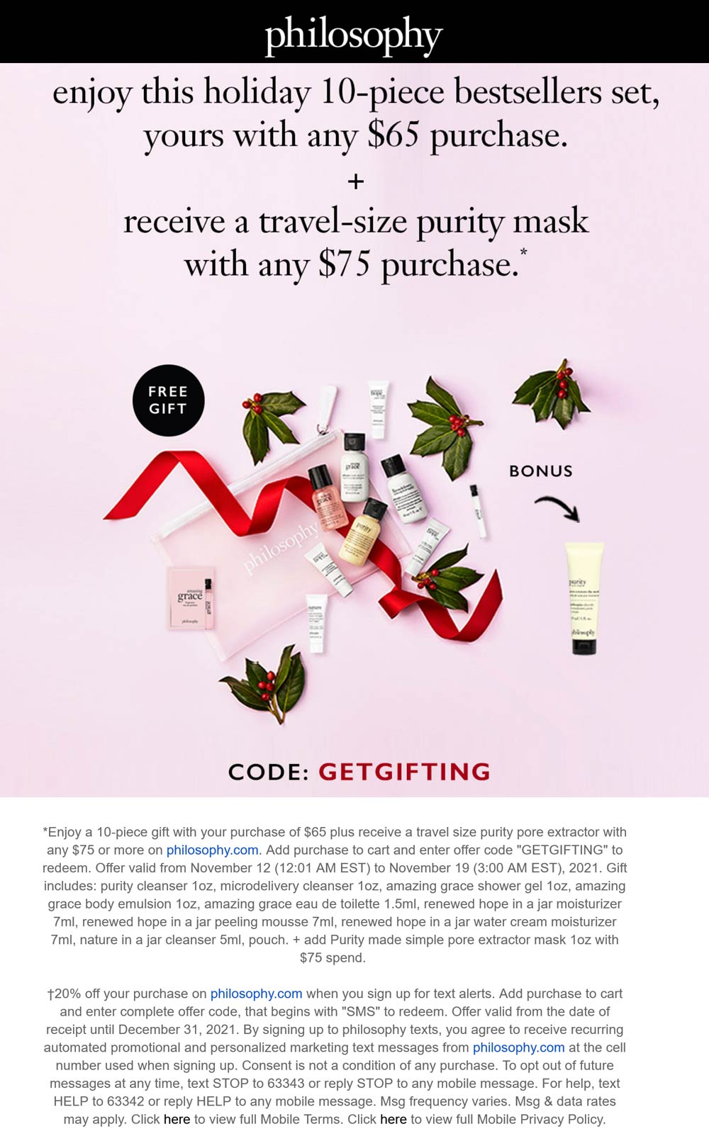 Philosophy stores Coupon  Free 10pc with $65 at Philosophy via promo code GETGIFTING #philosophy 