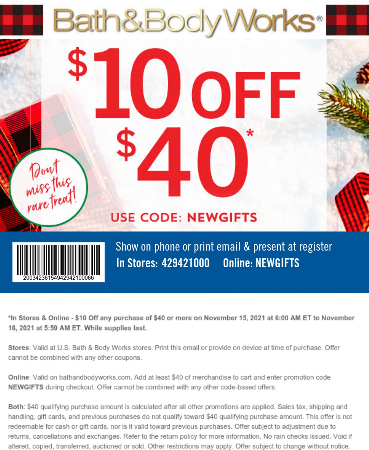 Bath & Body Works stores Coupon  $10 off $40 today at Bath & Body Works, or online via promo code NEWGIFTS #bathbodyworks 