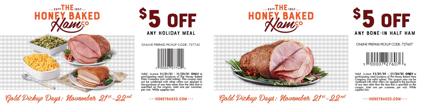 Honeybaked restaurants Coupon  $5 off ham or Thanksgiving meal Sun & Mon at Honeybaked restaurants #honeybaked 