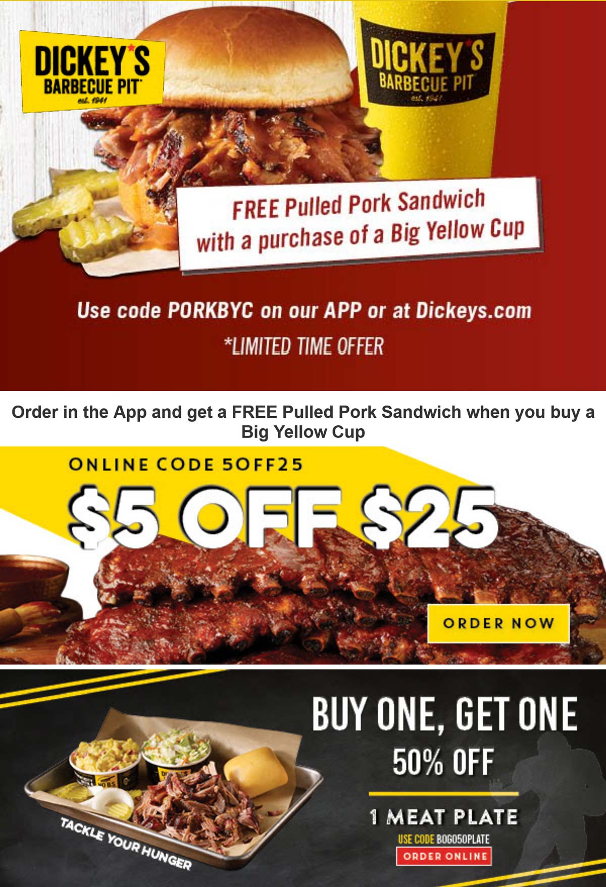 Dickeys Barbecue Pit restaurants Coupon  Free pulled pork sandwich with your cup online at Dickeys Barbecue Pit via promo code PORKBYC #dickeysbarbecuepit 