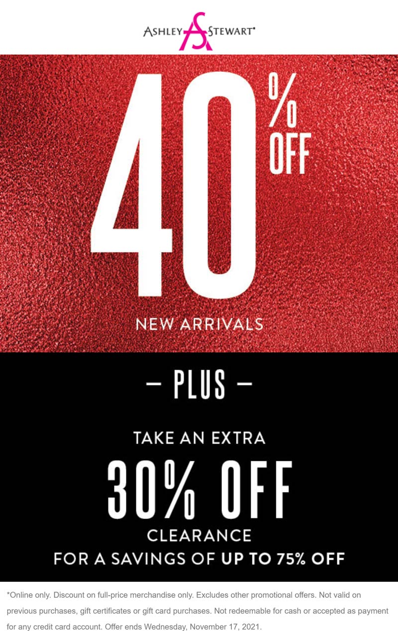 Ashley Stewart stores Coupon  40% off new arrivals today at Ashley Stewart #ashleystewart 