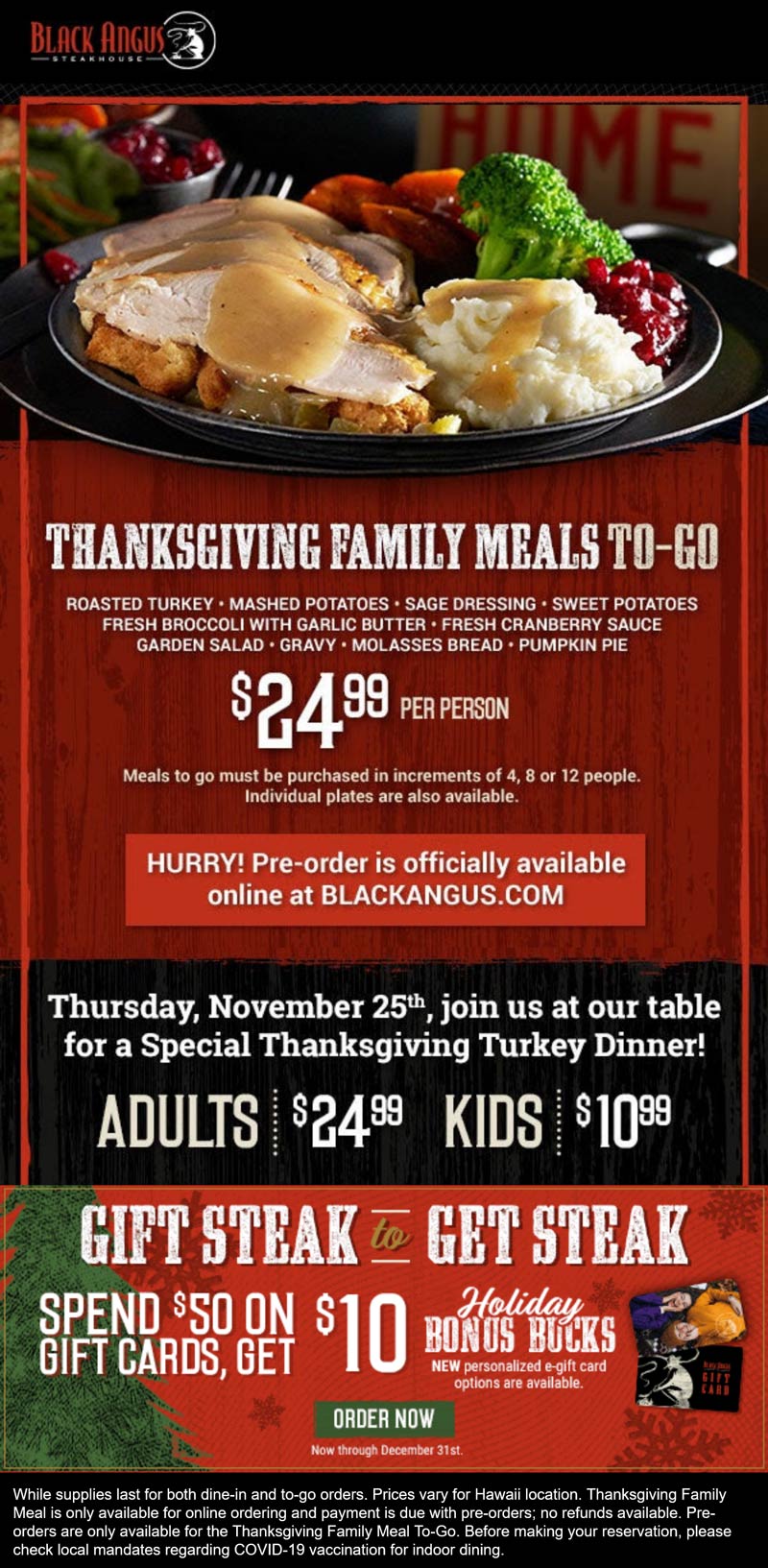 Black Angus restaurants Coupon  $25pp Thanksgiving meals to-go or dine-in at Black Angus Steakhouse #blackangus 