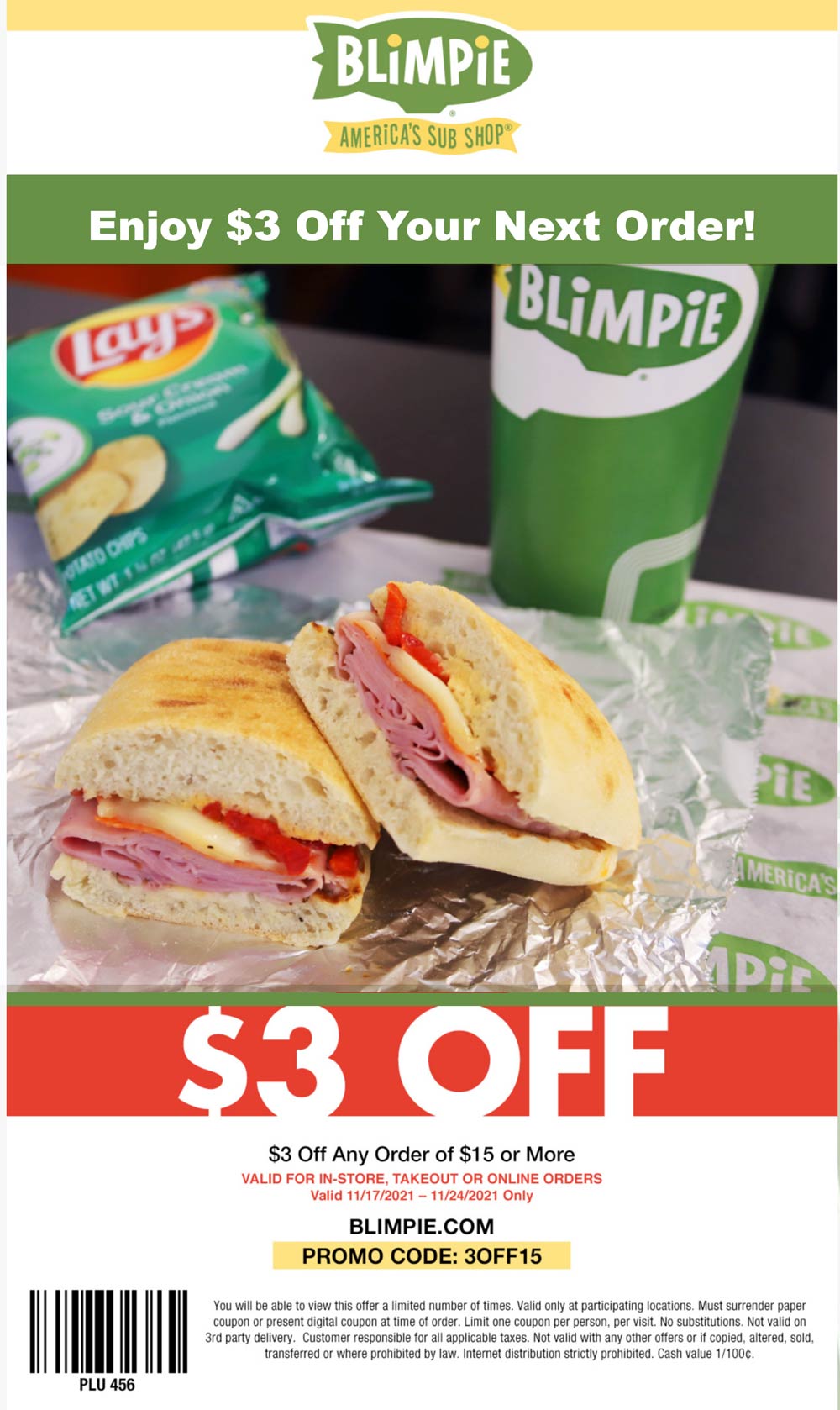 Blimpie restaurants Coupon  $3 off $15 at Blimpie sandwich shops via promo code 3OFF15 #blimpie 