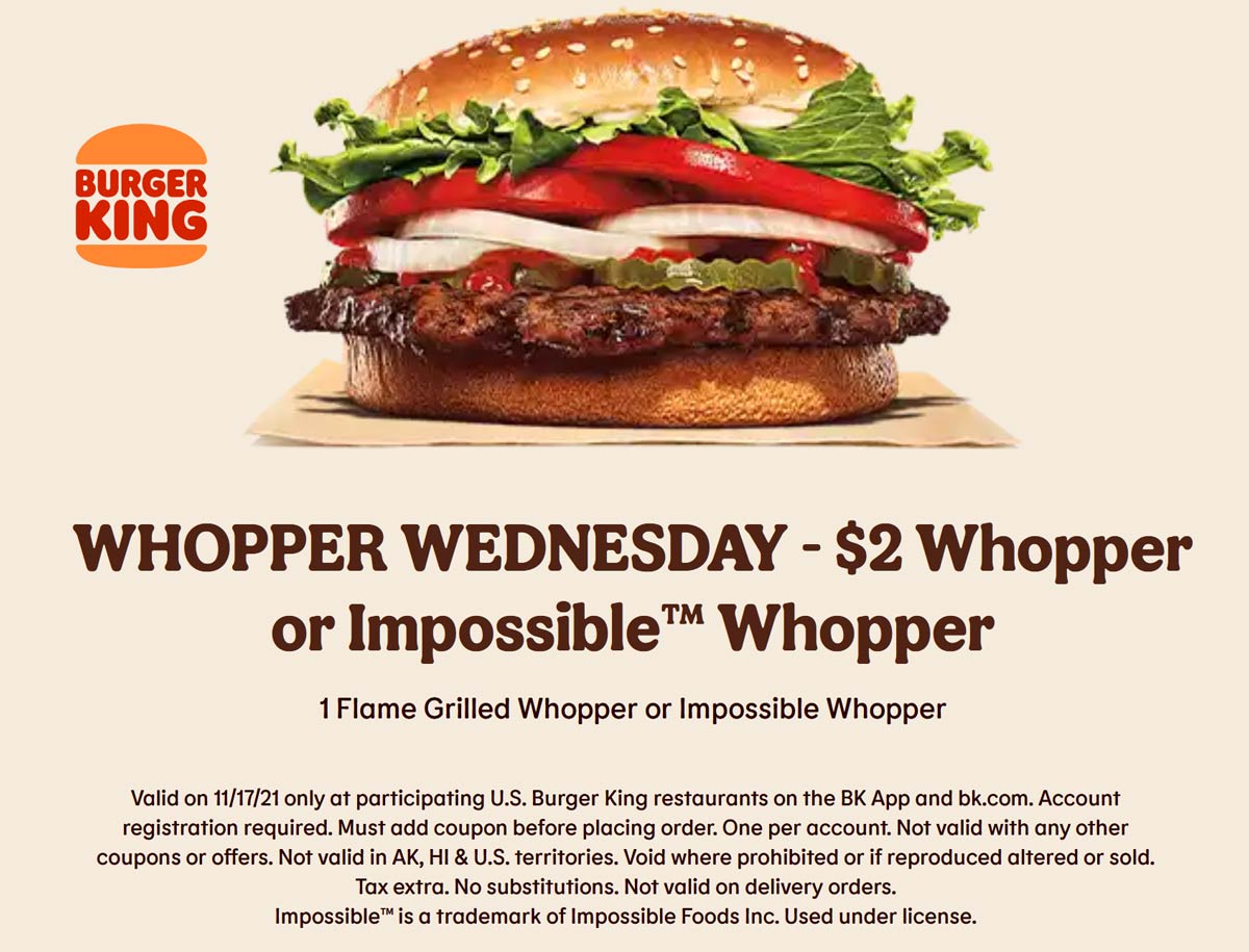 $2 whopper cheeseburger today at Burger King #burgerking | The Coupons App®