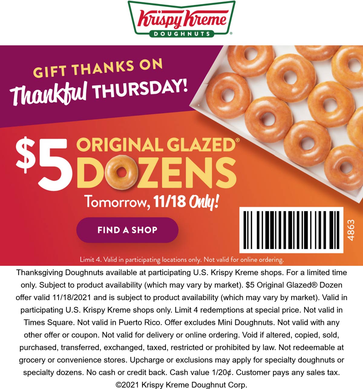 Krispy Kreme restaurants Coupon  $5 glazed dozens Thursday at Krispy Kreme doughnuts #krispykreme 