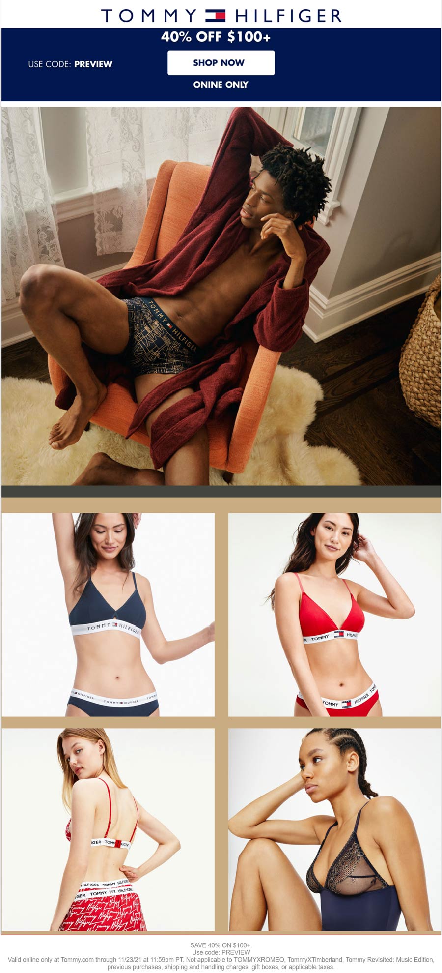 Tommy Hilfiger stores Coupon  40% off $100 at Tommy Hilfiger via promo code PREVIEW #tommyhilfiger 